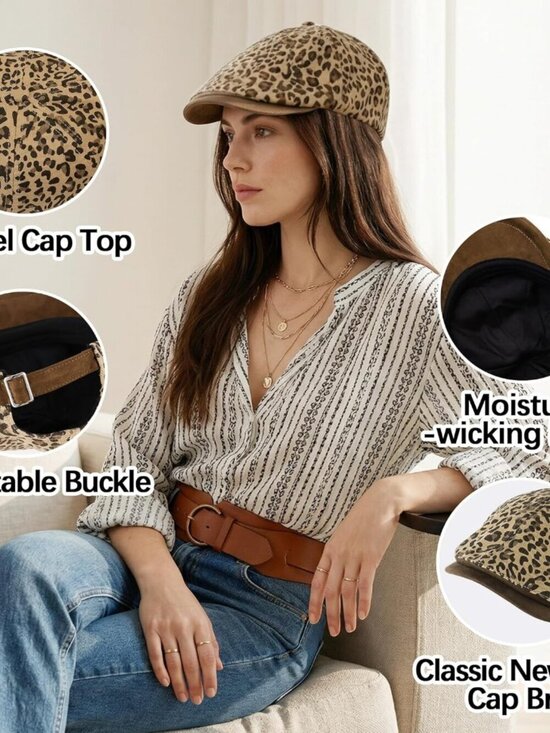 Women\'s Leopard Printed Beret Cap Retro Visor Cabbie Caps eopard- Gingeryellow main image 6